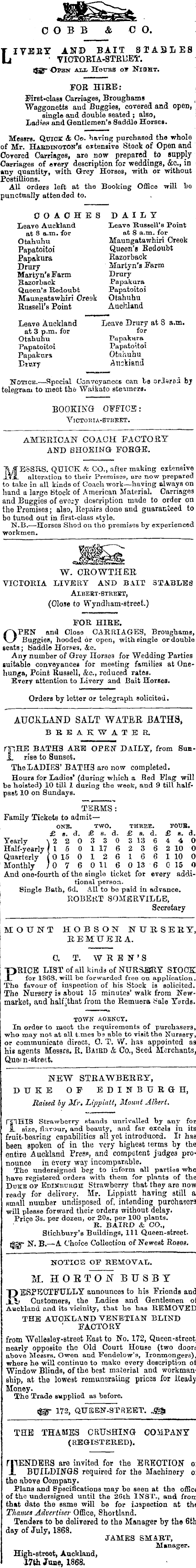 Papers Past Newspapers New Zealand Herald 22 June 1868 Page 6 Advertisements Column 5