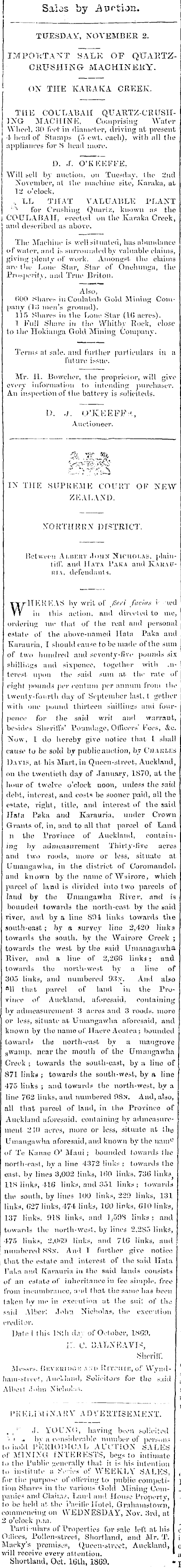 Papers Past Newspapers New Zealand Herald 27 October 1869 Page 2 Advertisements Column 5