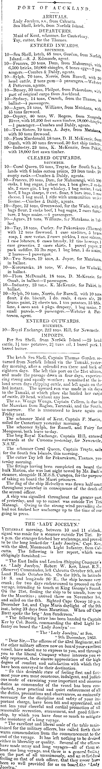 Papers Past | Newspapers | New Zealand Herald | 11 December 1863 | Shipping  Intelligence.