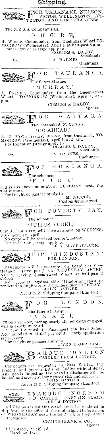 Papers Past Newspapers New Zealand Herald 31 March 1874 Page 1 Advertisements Column 2