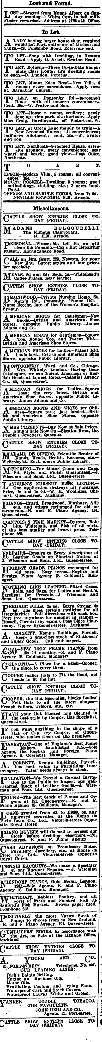 Papers Past Newspapers New Zealand Herald 10 November 1905 Page 1 Advertisements Column 6