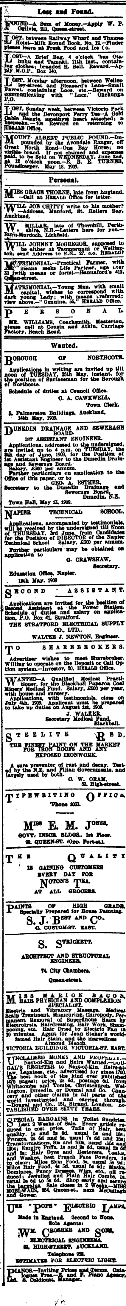 Papers Past Newspapers New Zealand Herald 19 May 1909 Page 1 Advertisements Column 5