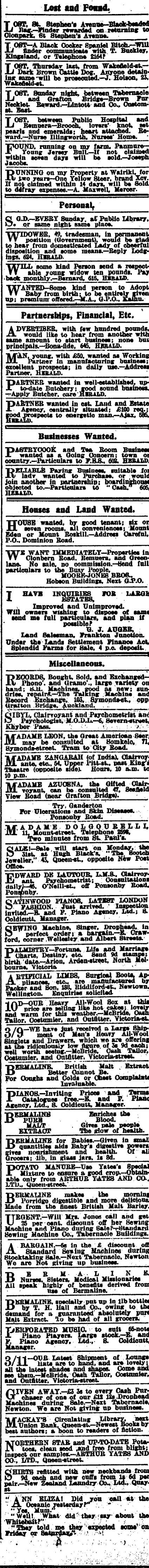 Papers Past | Newspapers | New Zealand Herald | 1 August 1911 | Page 1  Advertisements Column 5