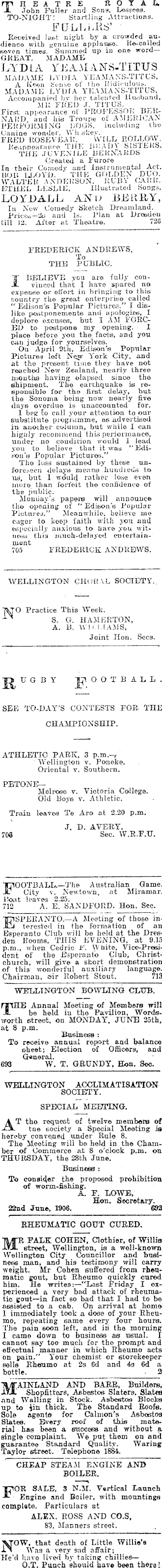 Papers Past Newspapers New Zealand Times 23 June 1906 Page 6 Advertisements Column 3