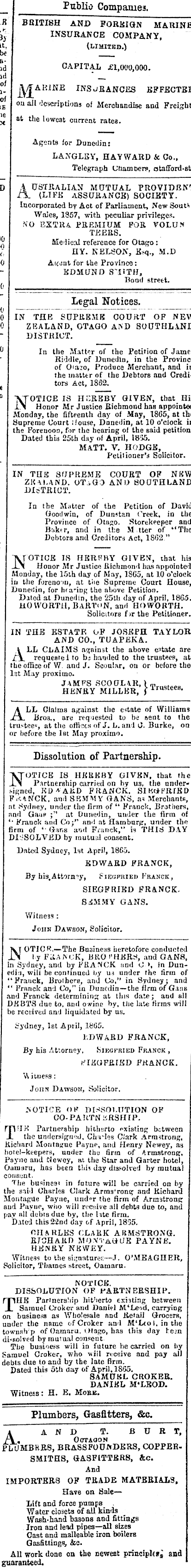 Papers Past Newspapers Otago Daily Times 27 April 1865 Page 6 Advertisements Column 3