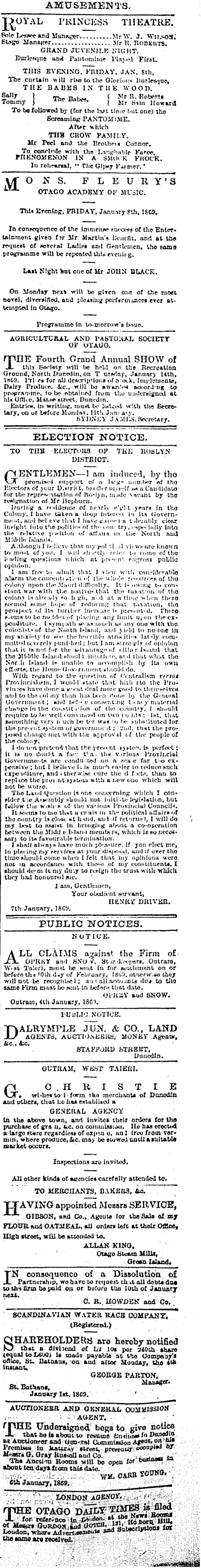 Papers Past Newspapers Otago Daily Times 8 January 1869 Page 1 Advertisements Column 7