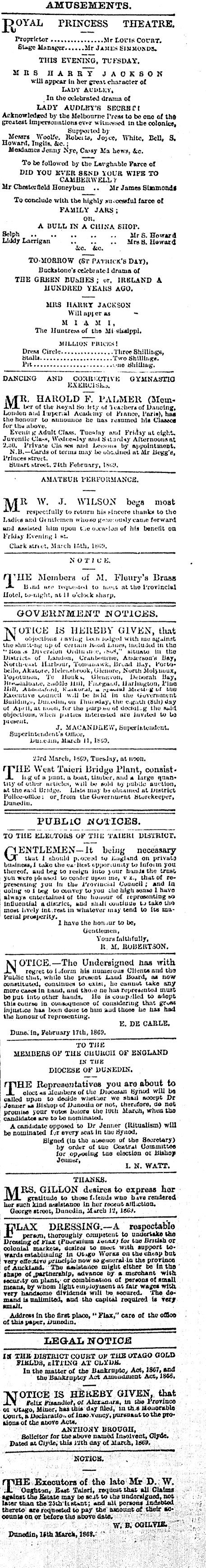 Papers Past Newspapers Otago Daily Times 16 March 1869 Page 1 Advertisements Column 7