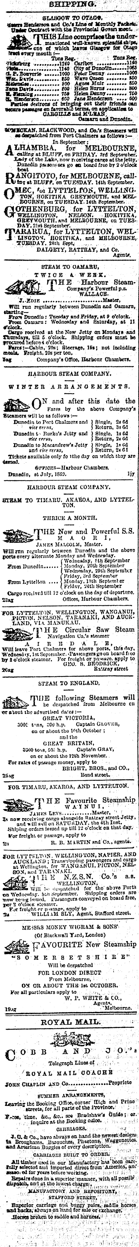 Papers Past Newspapers Otago Daily Times 2 September 1869 Page 1 Advertisements Column 1