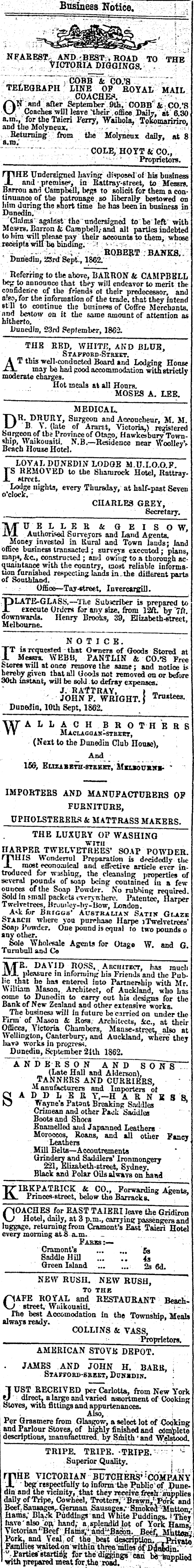 Papers Past Newspapers Otago Daily Times 29 September 1862 Page 1 Advertisements Column 5