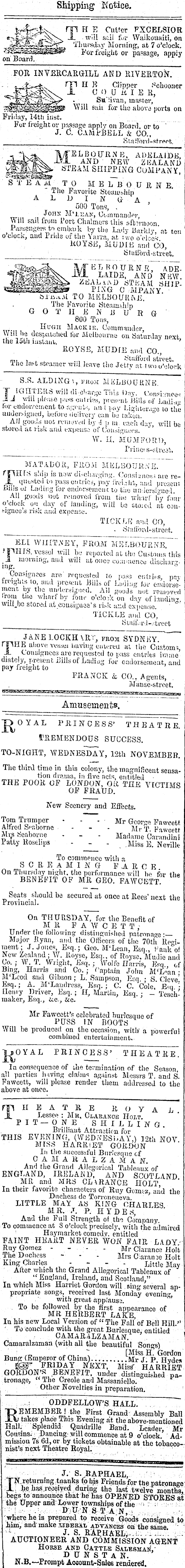 Papers Past Newspapers Otago Daily Times 12 November 1862 Page 3 Advertisements Column 4