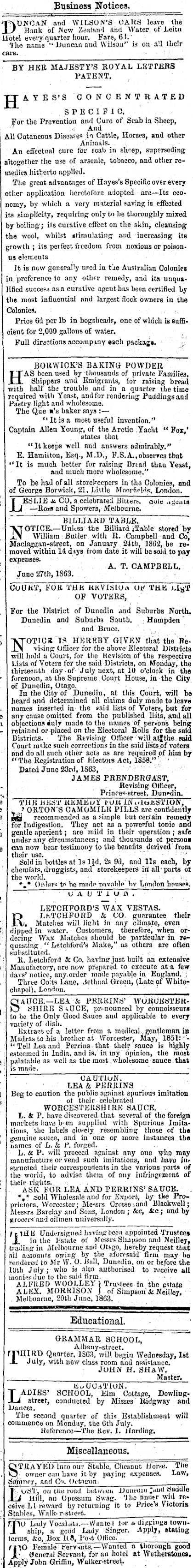 Papers Past Newspapers Otago Daily Times 29 June 1863 Page 5 Advertisements Column 5