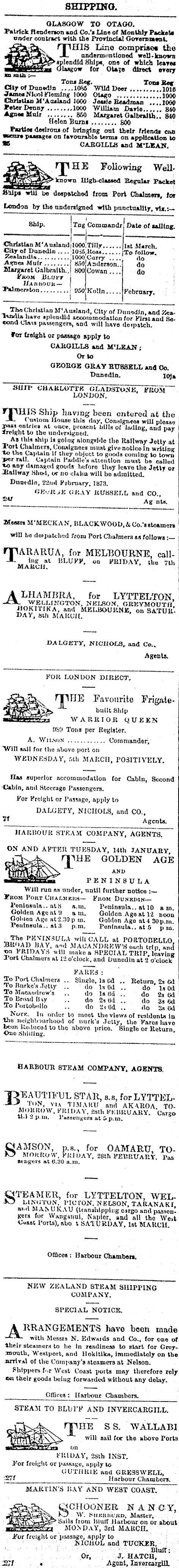 Papers Past Newspapers Otago Daily Times 27 February 1873 Page 1 Advertisements Column 1