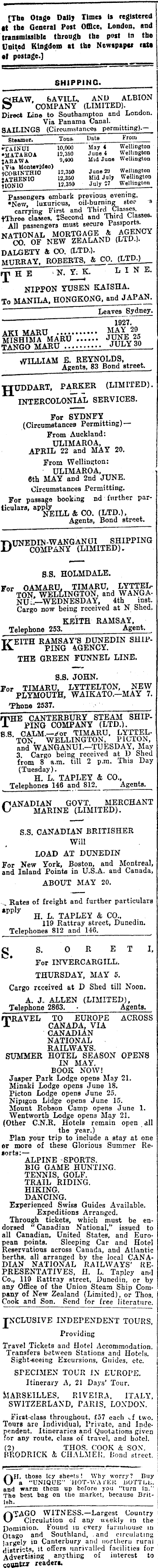 Papers Past Newspapers Otago Daily Times 3 May 1927 Page 1 Advertisements Column 1