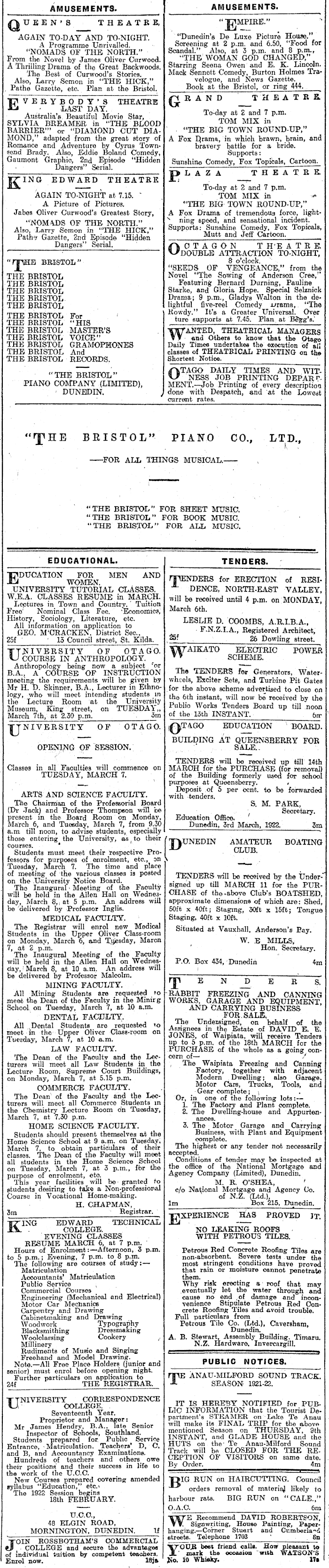 Papers Past | Newspapers | Otago Daily Times | 6 March 1922 | Page 1  Advertisements Column 5