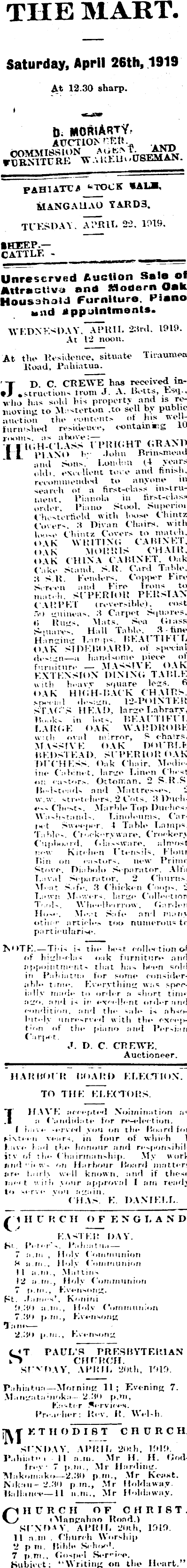 Papers Past Newspapers Pahiatua Herald 19 April 1919 Page 8 Advertisements Column 1