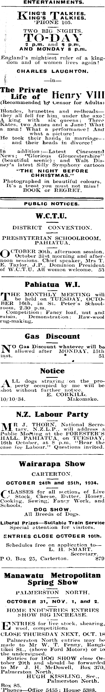 Papers Past Newspapers Pahiatua Herald 13 October 1934 Page 1 Advertisements Column 4