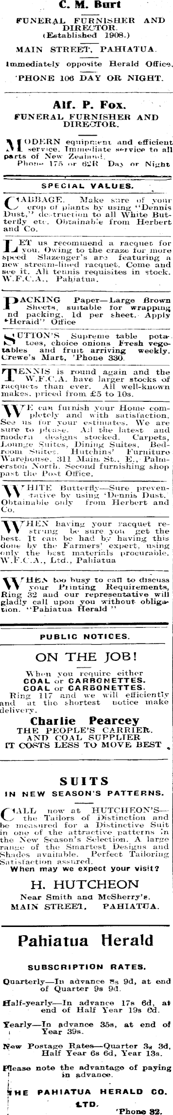 Papers Past Newspapers Pahiatua Herald 2 November 1936 Page 1 Advertisements Column 1