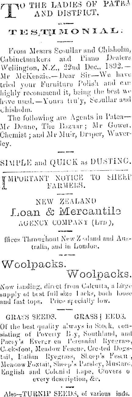 Papers Past Newspapers Patea Mail 8 January 14 Page 4 Advertisements Column 3