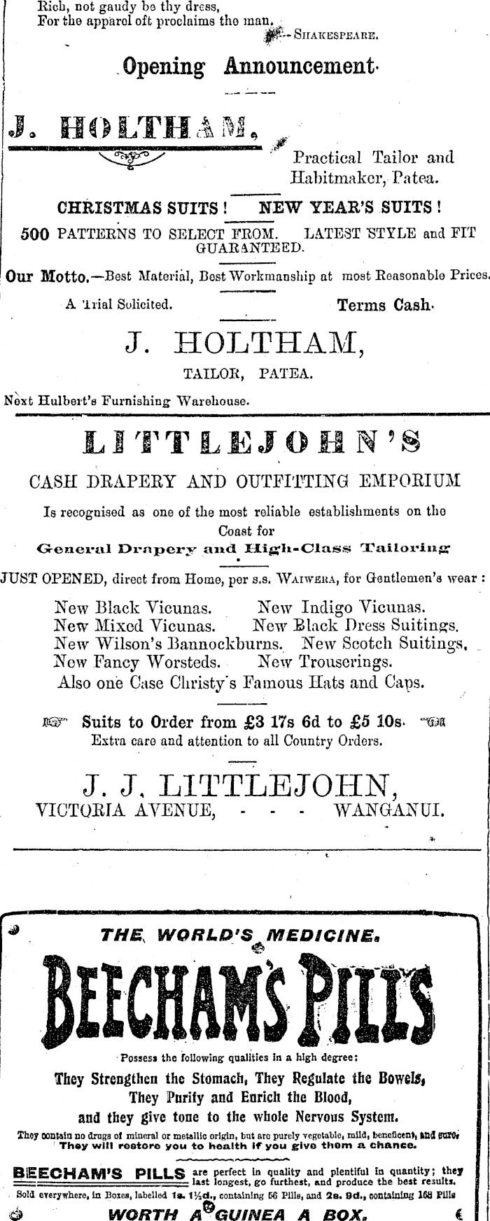 Papers Past Newspapers Patea Mail 6 January 1904 Page 1 Advertisements Column 2