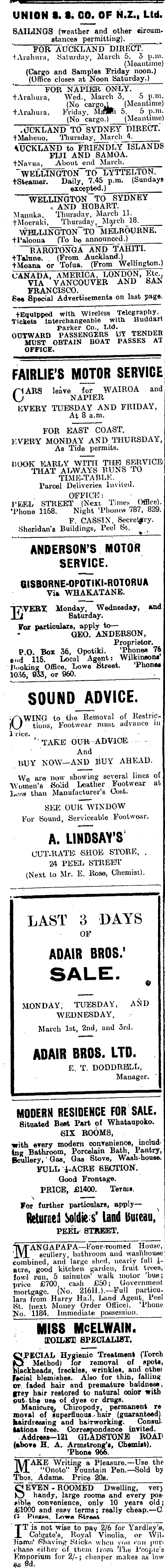 Papers Past Newspapers Poverty Bay Herald 1 March 19 Page 1 Advertisements Column 1