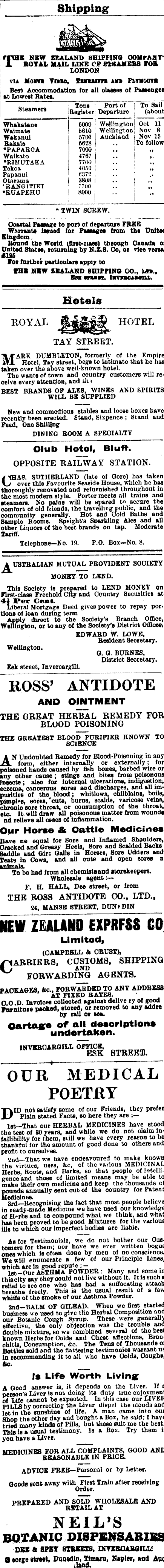 Papers Past Newspapers Southland Times 8 October 1900 Page 1 Advertisements Column 2