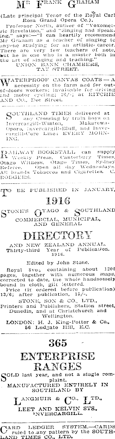 Papers Past Newspapers Southland Times 23 August 1915 Page 1 Advertisements Column 4