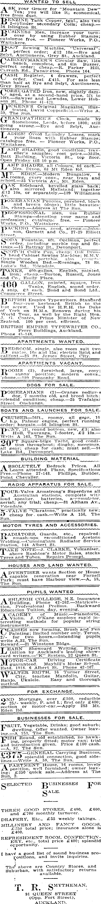 Papers Past | Newspapers | Sun (Auckland) | 23 March 1927 | Page 3  Advertisements Column 3