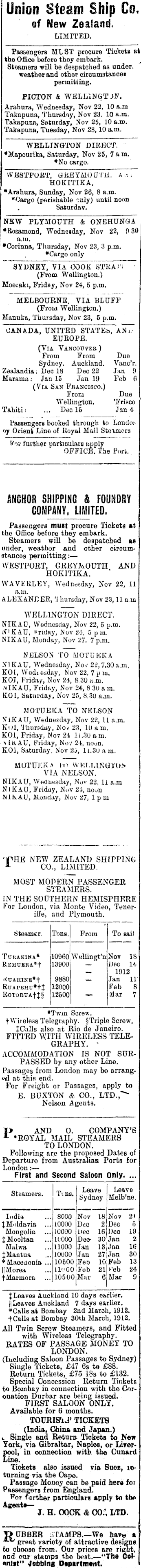 Papers Past Newspapers Colonist 22 November 1911 Page 1 Advertisements Column 3