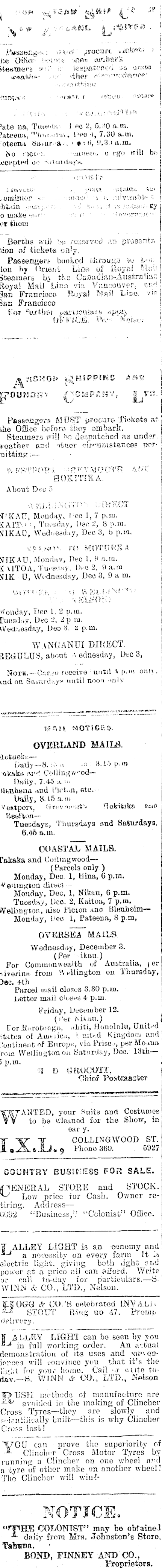 Papers Past Newspapers Colonist 1 December 1919 Page 1 Advertisements Column 2