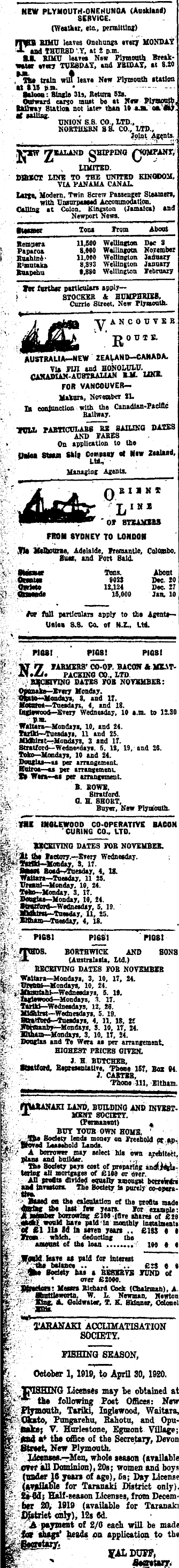 Papers Past Newspapers Taranaki Daily News 24 November 1919 Page 2 Advertisements Column 1