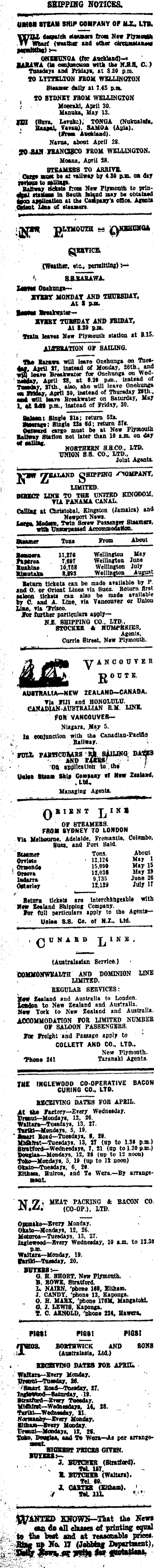 Papers Past Newspapers Taranaki Daily News 29 April 19 Page 2 Advertisements Column 1