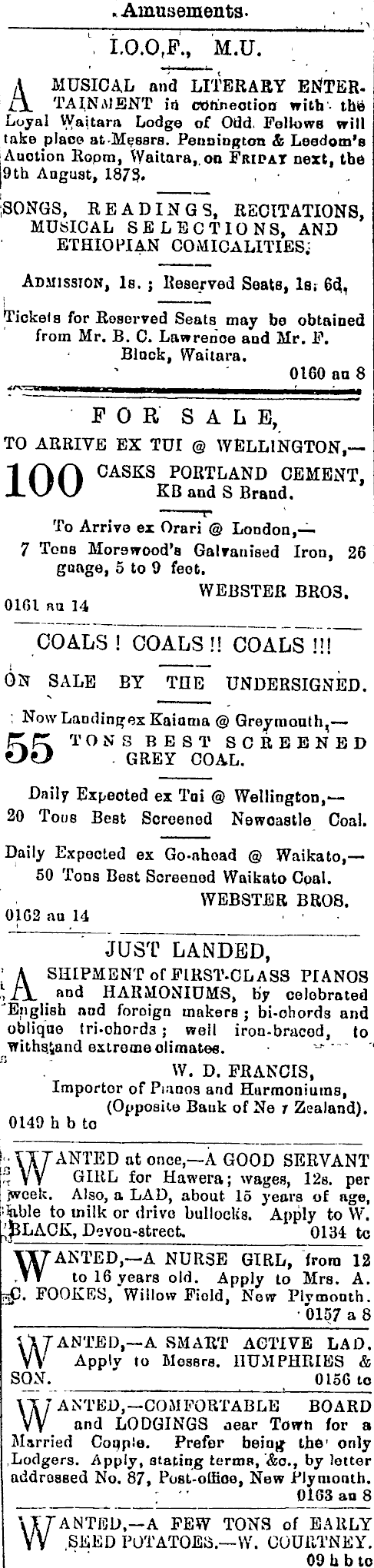 Papers Past Newspapers Taranaki Herald 7 August 1878 Page 3 Advertisements Column 1