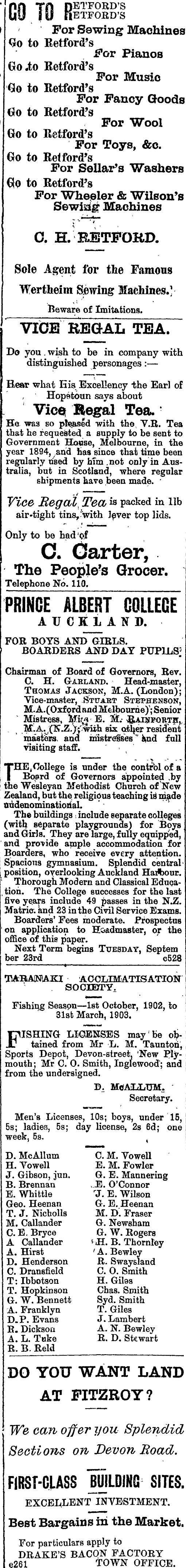 Papers Past Newspapers Taranaki Herald 30 October 1902 Page 1 Advertisements Column 4