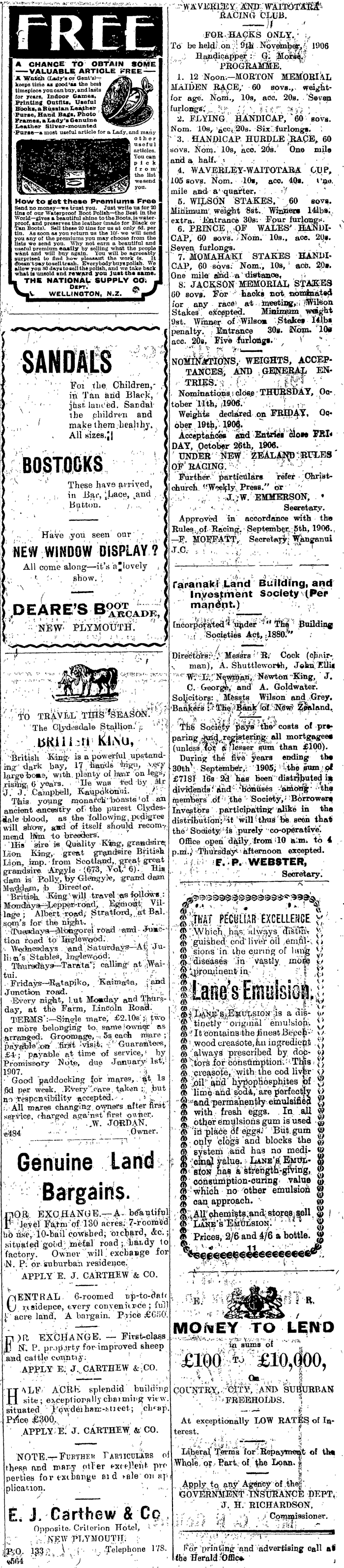 Papers Past Newspapers Taranaki Herald 30 October 1906 Page 3 Advertisements Column 3