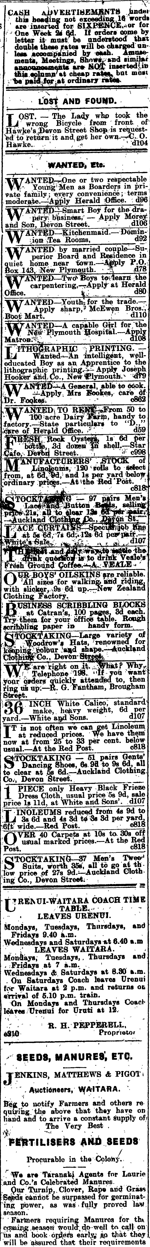 Papers Past Newspapers Taranaki Herald 21 July 1908 Page 1 Advertisements Column 6