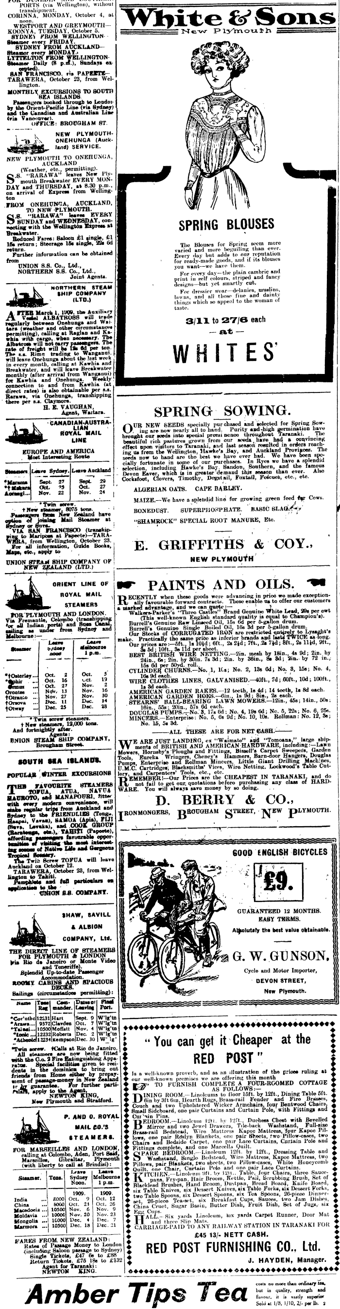 Papers Past Newspapers Taranaki Herald 22 September 1909 Page 1 Advertisements Column 1