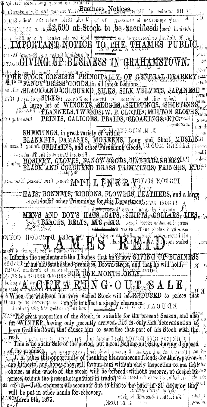 Papers Past Newspapers Thames Advertiser 22 March 1875 Page 1 Advertisements Column 3