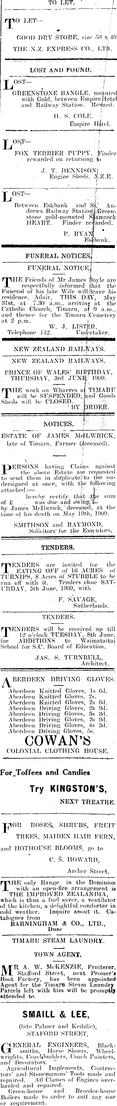 Papers Past Newspapers Timaru Herald 31 May 1909 Page 1 Advertisements Column 4