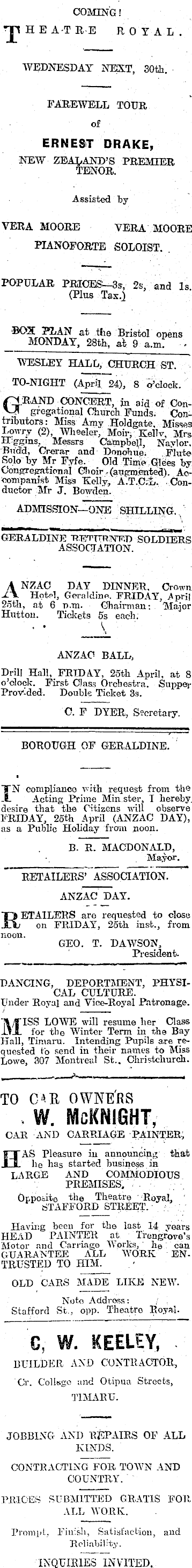 Papers Past Newspapers Timaru Herald 24 April 1919 Page 1 Advertisements Column 5