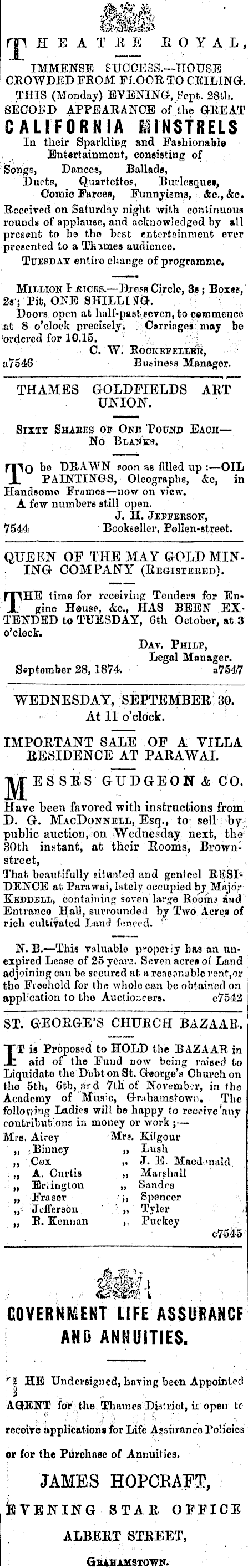 Papers Past Newspapers Thames Star 28 September 1874 Page 3 Advertisements Column 1