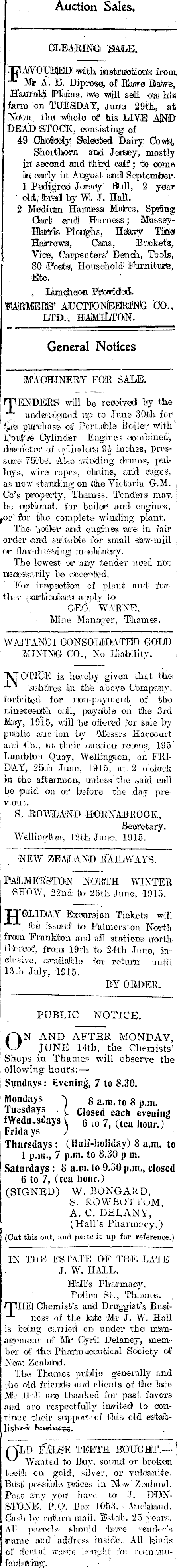 Papers Past Newspapers Thames Star 14 June 1915 Page 1 Advertisements Column 5