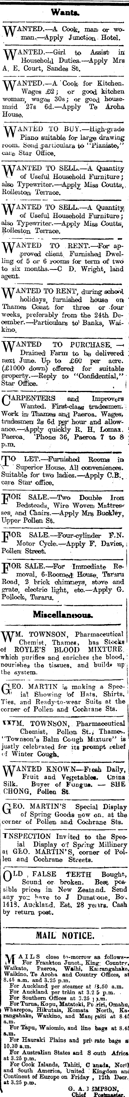 Papers Past Newspapers Thames Star 26 November 1919 Page 1 Advertisements Column 2