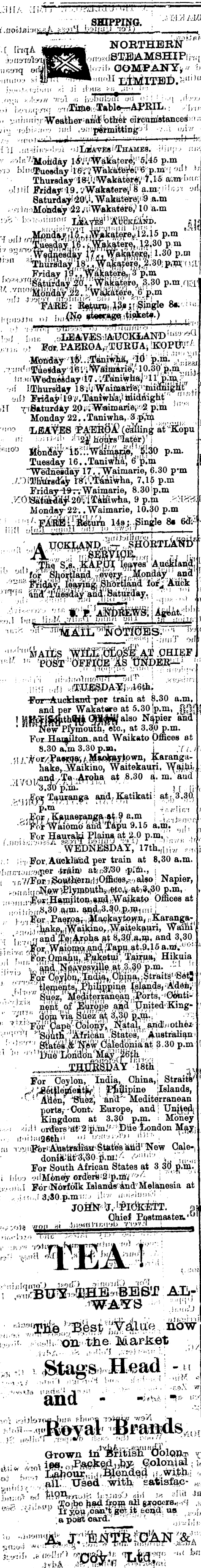 Papers Past Newspapers Thames Star 15 April 1912 Page 1 Advertisements Column 1