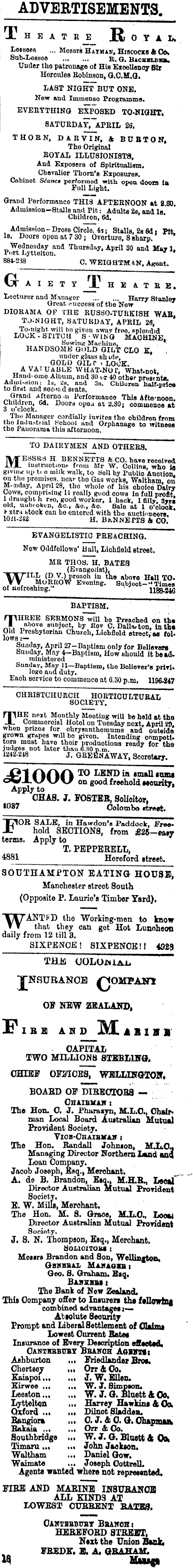 Papers Past Newspapers Star Christchurch 26 April 1879 Page 3 Advertisements Column 1