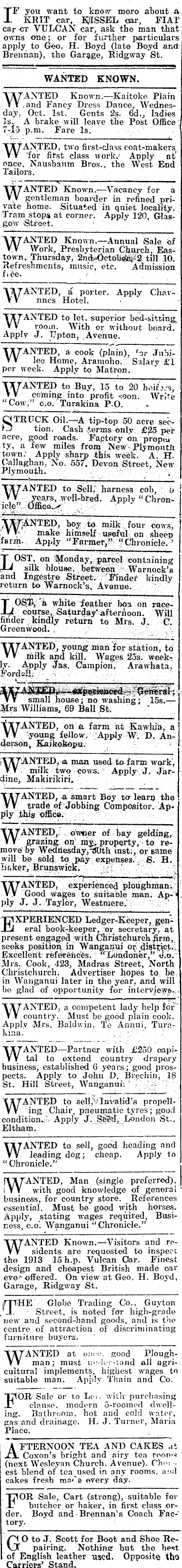 Papers Past Newspapers Wanganui Chronicle 30 September 1913 Page 1 Advertisements Column 5