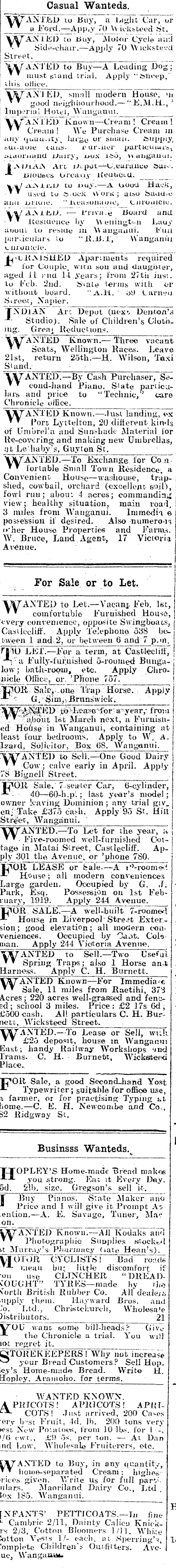 Papers Past Newspapers Wanganui Chronicle January 1919 Page 1 Advertisements Column 5