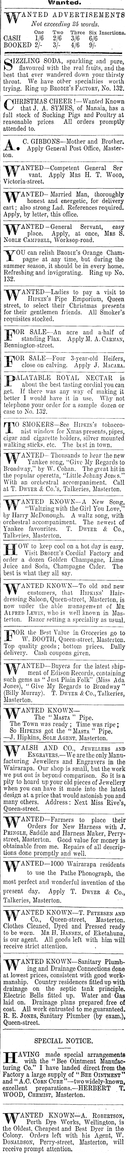 Papers Past Newspapers Wairarapa Daily Times 22 December 1905 Page 1 Advertisements Column 7