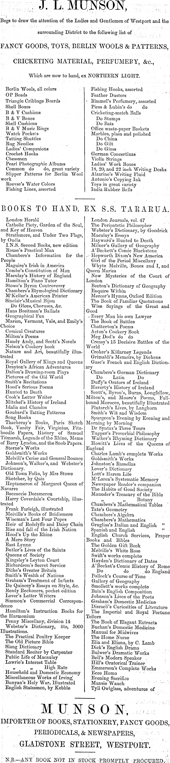 Papers Past Newspapers Westport Times 28 April 1870 Page 4 Advertisements Column 5