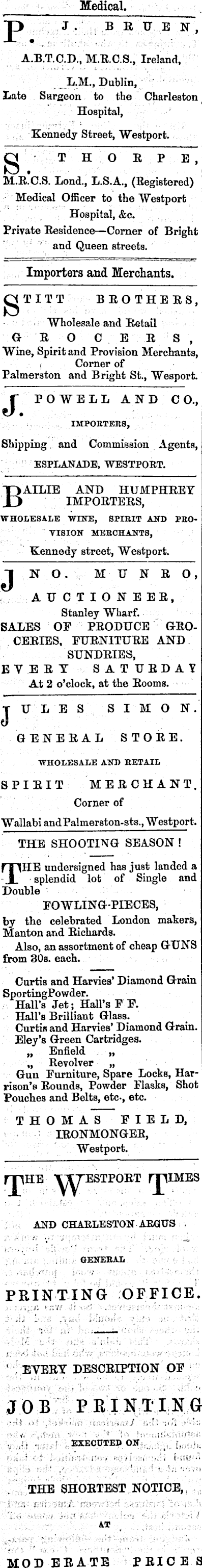 Papers Past Newspapers Westport Times 11 November 1871 Page 1 Advertisements Column 1