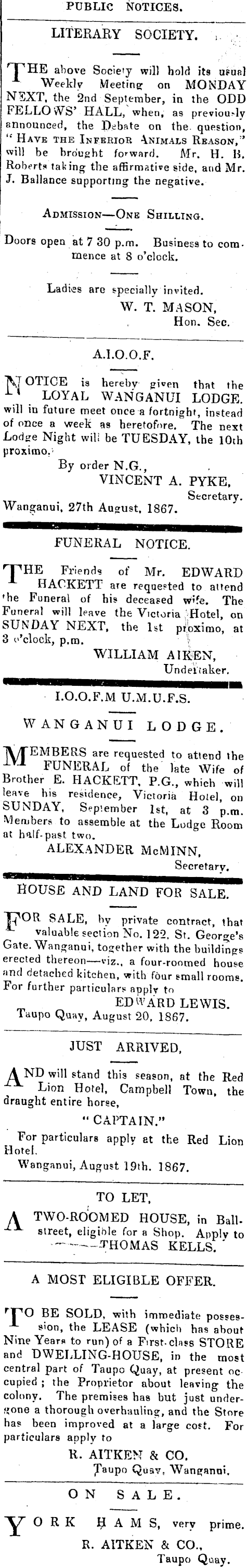 Papers Past Newspapers Wanganui Herald 31 August 1867 Page 3 Advertisements Column 2